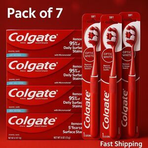 Colgate Optic White Lot of 7 4 Whitening Toothpaste + 3 Soft Toothbrushes